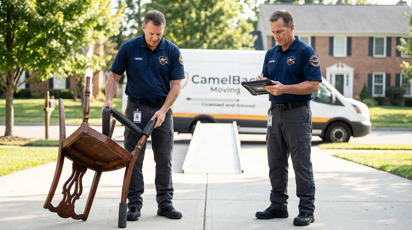 Movers inspecting furniture for damage prevention before loading in Nooksack, WA